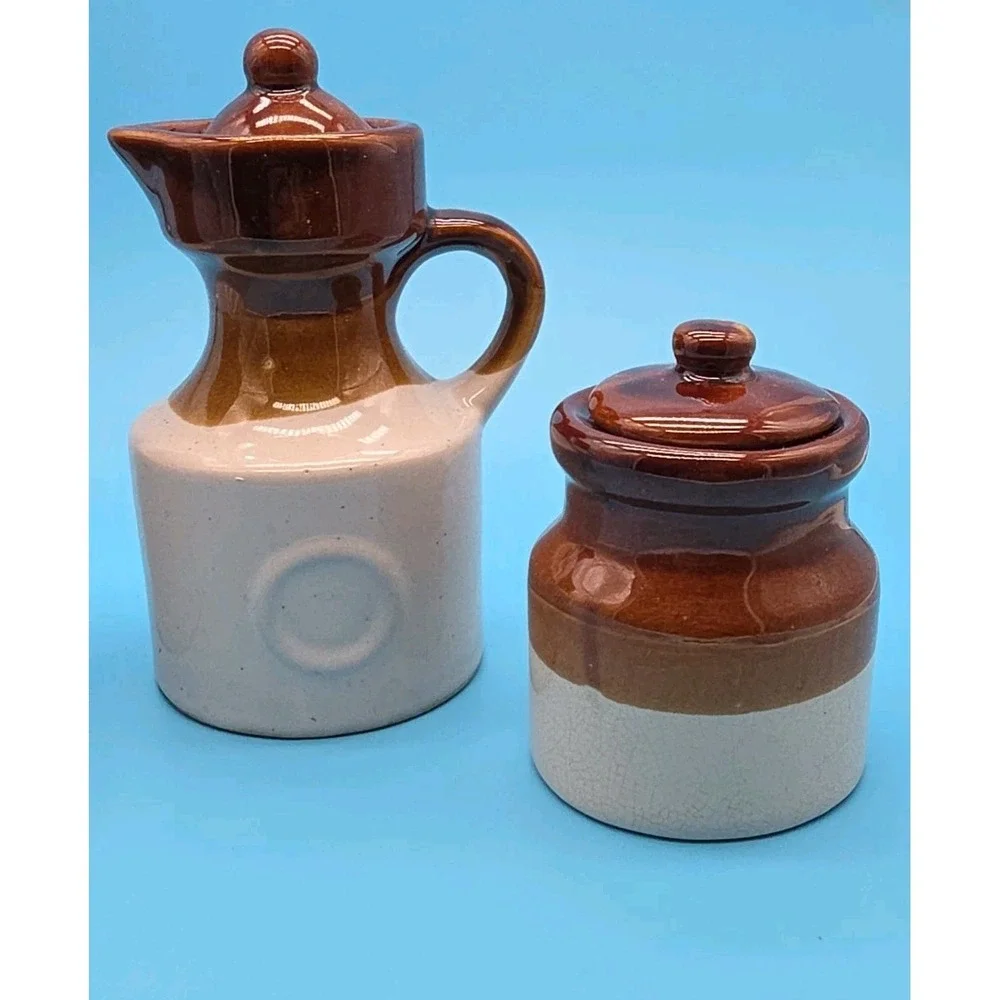Stoneware Vinegar And Oil Set With Salt/Pepper Well Crock 3 Tone Brown